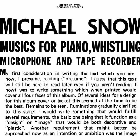 Snow, Michael - Music For Piano, Whistling, Microphone and Tape Recorder 2-LP